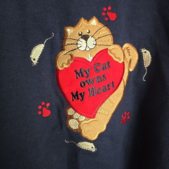 Vintage Cat Kitty Mouse Heart Womens Sweatshirt Grannycore Y2k 90s XL Navy Blue - Picture 3 of 8